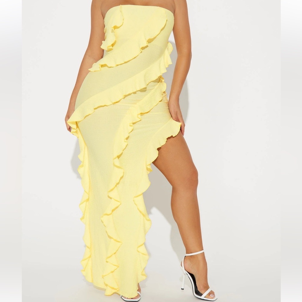 Fashion Nova Yellow Rihanna Ruffle Maxi Dress